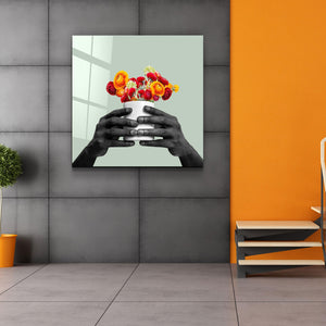 ."Holding the Flower - Gray". Contemporary Collection Glass Wall Art - ArtDesigna Glass Printing Wall Art