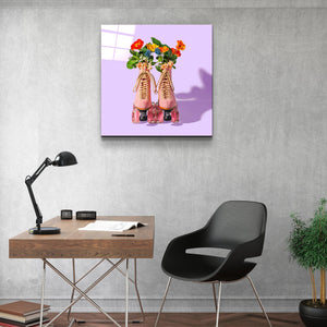 ."Pink Skates Retro". Contemporary Collection Glass Wall Art - ArtDesigna Glass Printing Wall Art