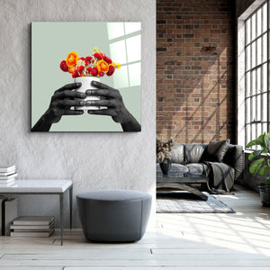 ."Holding the Flower - Gray". Contemporary Collection Glass Wall Art - ArtDesigna Glass Printing Wall Art