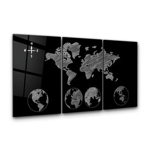 ・"World Map Black - Trio"・Glass Wall Art - ArtDesigna Glass Printing Wall Art