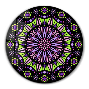 Neon Mandala Harmony | Yuvarlak Cam Duvar Tablosu
