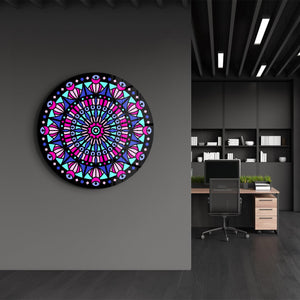 Neon Mandala Harmony 3 | Yuvarlak Cam Duvar Tablosu