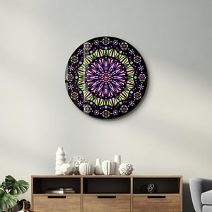 Neon Mandala Harmony | Yuvarlak Cam Duvar Tablosu