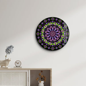 Neon Mandala Harmony | Yuvarlak Cam Duvar Tablosu
