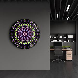 Neon Mandala Harmony | Yuvarlak Cam Duvar Tablosu