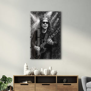 Gitar Kralı Monokrom Rock – Cam Duvar Tablosu