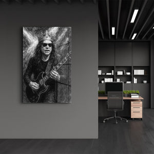 Gitar Kralı Monokrom Rock – Cam Duvar Tablosu
