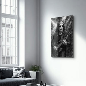 Gitar Kralı Monokrom Rock – Cam Duvar Tablosu