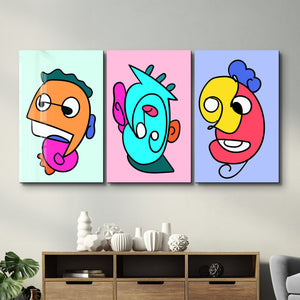 Çizgi Film Renkli Pop-Art Yüzler Üçlüsü - Cam Duvar Tablosu