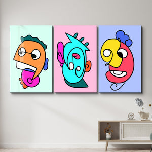 Çizgi Film Renkli Pop-Art Yüzler Üçlüsü - Cam Duvar Tablosu