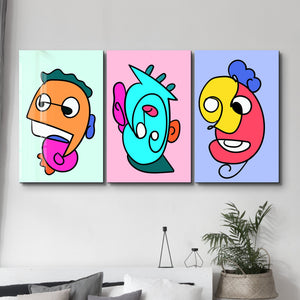 Çizgi Film Renkli Pop-Art Yüzler Üçlüsü - Cam Duvar Tablosu