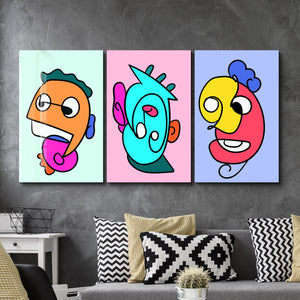 Çizgi Film Renkli Pop-Art Yüzler Üçlüsü - Cam Duvar Tablosu