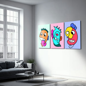 Çizgi Film Renkli Pop-Art Yüzler Üçlüsü - Cam Duvar Tablosu