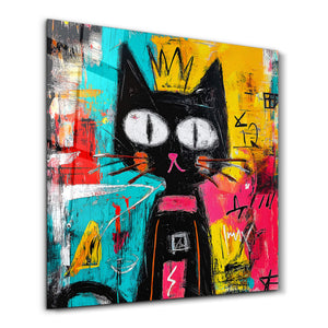 Taçlı Kedi: Soyut Grafiti Kedi Duvar Tablosu | Cam Duvar Tablosu