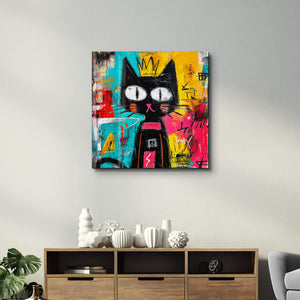 Taçlı Kedi: Soyut Grafiti Kedi Duvar Tablosu | Cam Duvar Tablosu