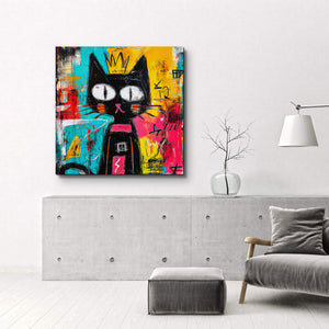 Taçlı Kedi: Soyut Grafiti Kedi Duvar Tablosu | Cam Duvar Tablosu