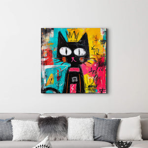 Taçlı Kedi: Soyut Grafiti Kedi Duvar Tablosu | Cam Duvar Tablosu