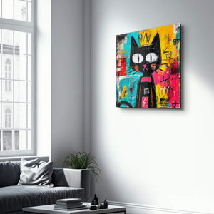Taçlı Kedi: Soyut Grafiti Kedi Duvar Tablosu | Cam Duvar Tablosu