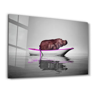 Hippo on the Boat 2 | Glass Wall Art - Artdesigna