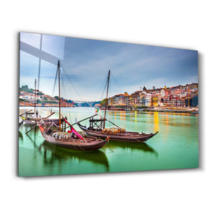 Porto, Portugal old town cityscape on the Douro River with traditional Rabelo boats. | Glass Wall Art - Artdesigna