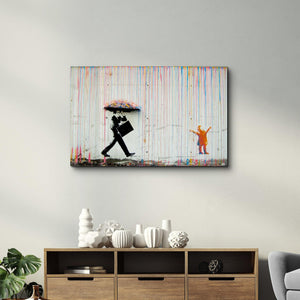 Banksy Umbrella Man Rainbow Rain Girl Glass Wall Art - Artdesigna