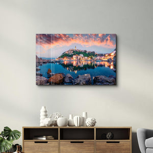 Breathtaking evening cityscape of Vrbnik town | Glass Wall Art - Artdesigna