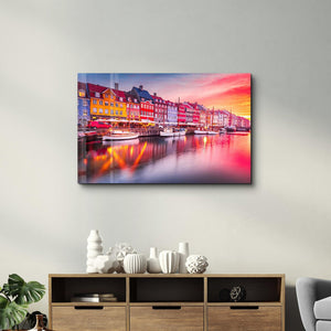 Copenhagen, Denmark. Experience the breathtaking beauty of Nyhavn canal at sunrise | Glass Wall Art - Artdesigna