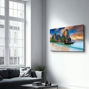 Boat on the Beach - Far East | Glass Wall Art - Artdesigna