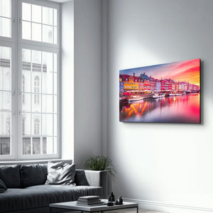 Copenhagen, Denmark. Experience the breathtaking beauty of Nyhavn canal at sunrise | Glass Wall Art - Artdesigna