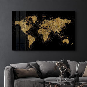 World Map In Golden | Glass Wall Art - Artdesigna