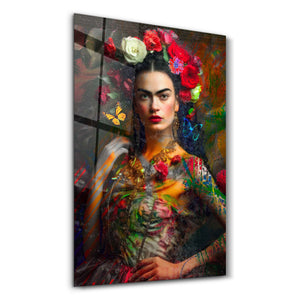 Glass wall art titled "Frida’s Bloom" by Mr. Pablo Costa, featuring vibrant floral design in a sleek glass frame.