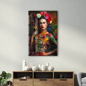 Glass wall art titled "Frida’s Bloom" by Mr. Pablo Costa, featuring vibrant floral design in a sleek glass frame.