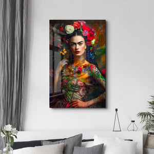 Glass wall art titled "Frida’s Bloom" by Mr. Pablo Costa, featuring vibrant floral design in a sleek glass frame.