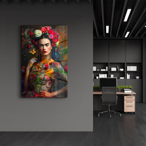 Glass wall art titled "Frida’s Bloom" by Mr. Pablo Costa, featuring vibrant floral design in a sleek glass frame.