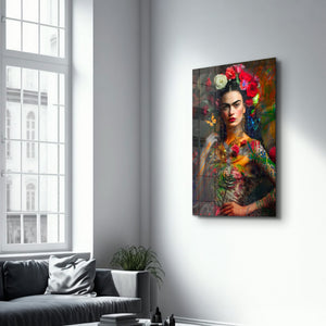 Glass wall art titled "Frida’s Bloom" by Mr. Pablo Costa, featuring vibrant floral design in a sleek glass frame.