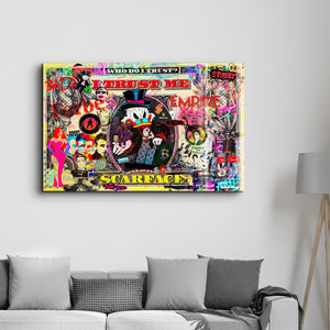 Glass wall art titled "I Trust Me" by Mr. Pablo Costa, featuring abstract design on clear glass, by Artdesigna.