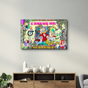 Glass wall art by Mr. Pablo Costa titled "Who Do I Trust?" featuring abstract design, 16x10 inches, by Artdesigna.