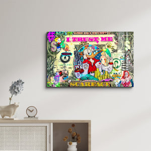 Glass wall art by Mr. Pablo Costa titled "Who Do I Trust?" featuring abstract design, 16x10 inches, by Artdesigna.
