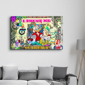 Glass wall art by Mr. Pablo Costa titled "Who Do I Trust?" featuring abstract design, 16x10 inches, by Artdesigna.