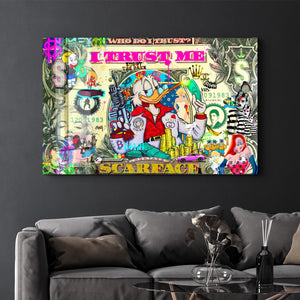 Glass wall art by Mr. Pablo Costa titled "Who Do I Trust?" featuring abstract design, 16x10 inches, by Artdesigna.