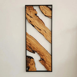 Handmade olive wood and metal wall art sculpture by Artdesigna, featuring natural wooden and metallic design elements.