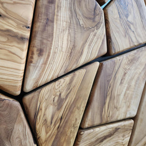 Handmade olive wood geometric square wall sculpture by Artdesigna, showcasing natural wood grains and modern wooden wall art design.