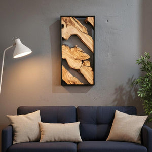Handmade olive wood and metal wall art sculpture featuring intricate wooden and metal details for stylish wall decor.