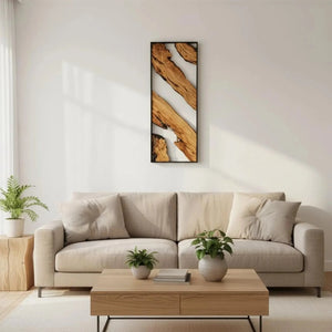 Handmade olive wood and metal wall art sculpture, natural wooden and metal details for decorative wall decor.