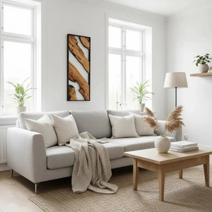 Handmade olive wood and metal wall art sculpture by Artdesigna, showcasing natural wooden and metallic details on a wall.