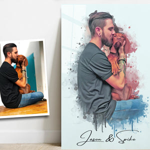 ."Watercolor Portrait - You & Your Pet - Custom Printing". Glass Wall Art - ArtDesigna Glass Printing Wall Art