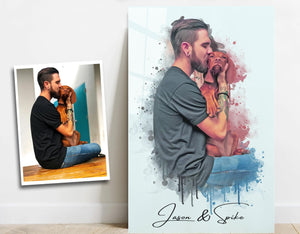 ."Watercolor Portrait - You & Your Pet - Custom Printing". Glass Wall Art - ArtDesigna Glass Printing Wall Art